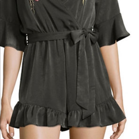 Silk Olive Green Romper with Flower Details - Picture 2 of 7